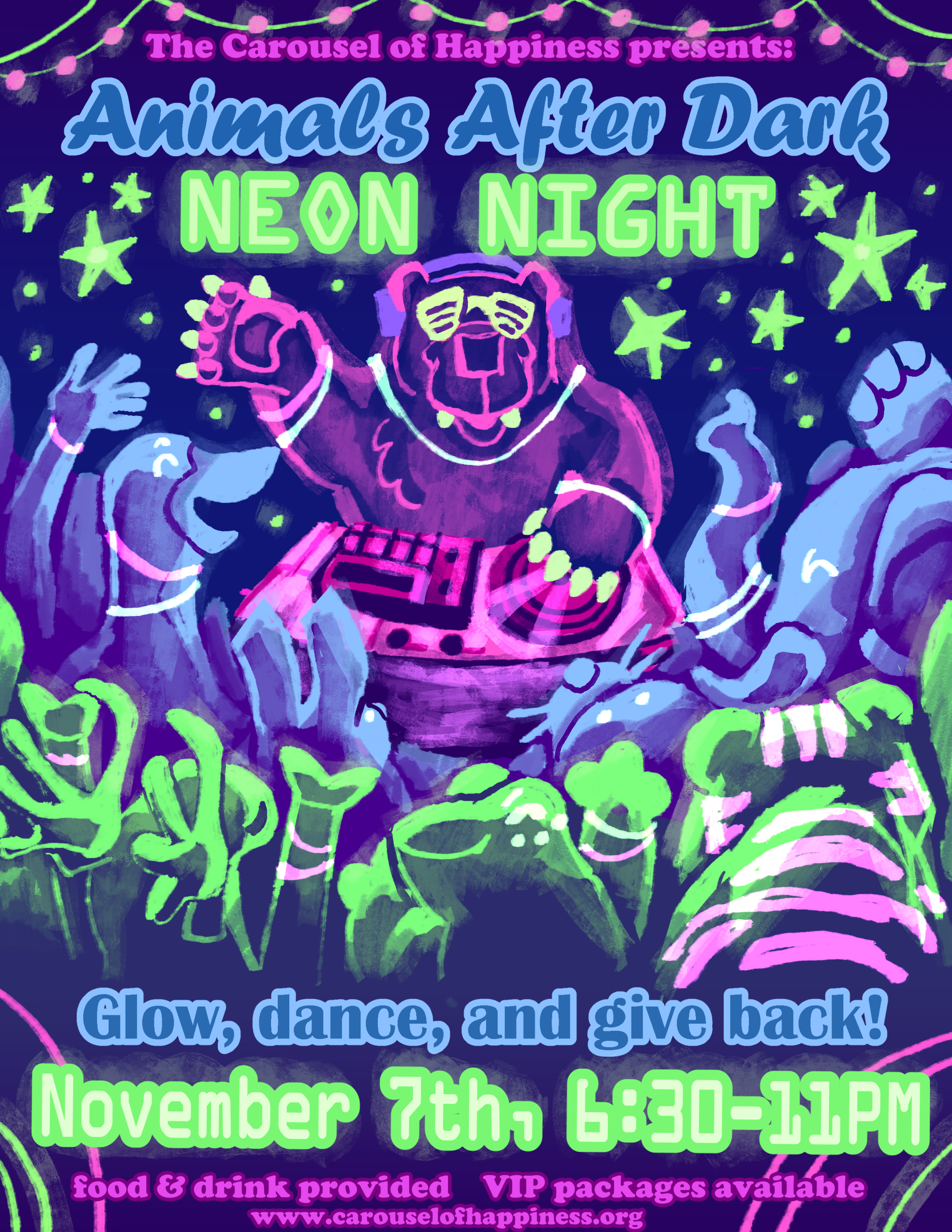 Animals After Dark Neon Nights Flyer with Bear Djing for all his carousel friends